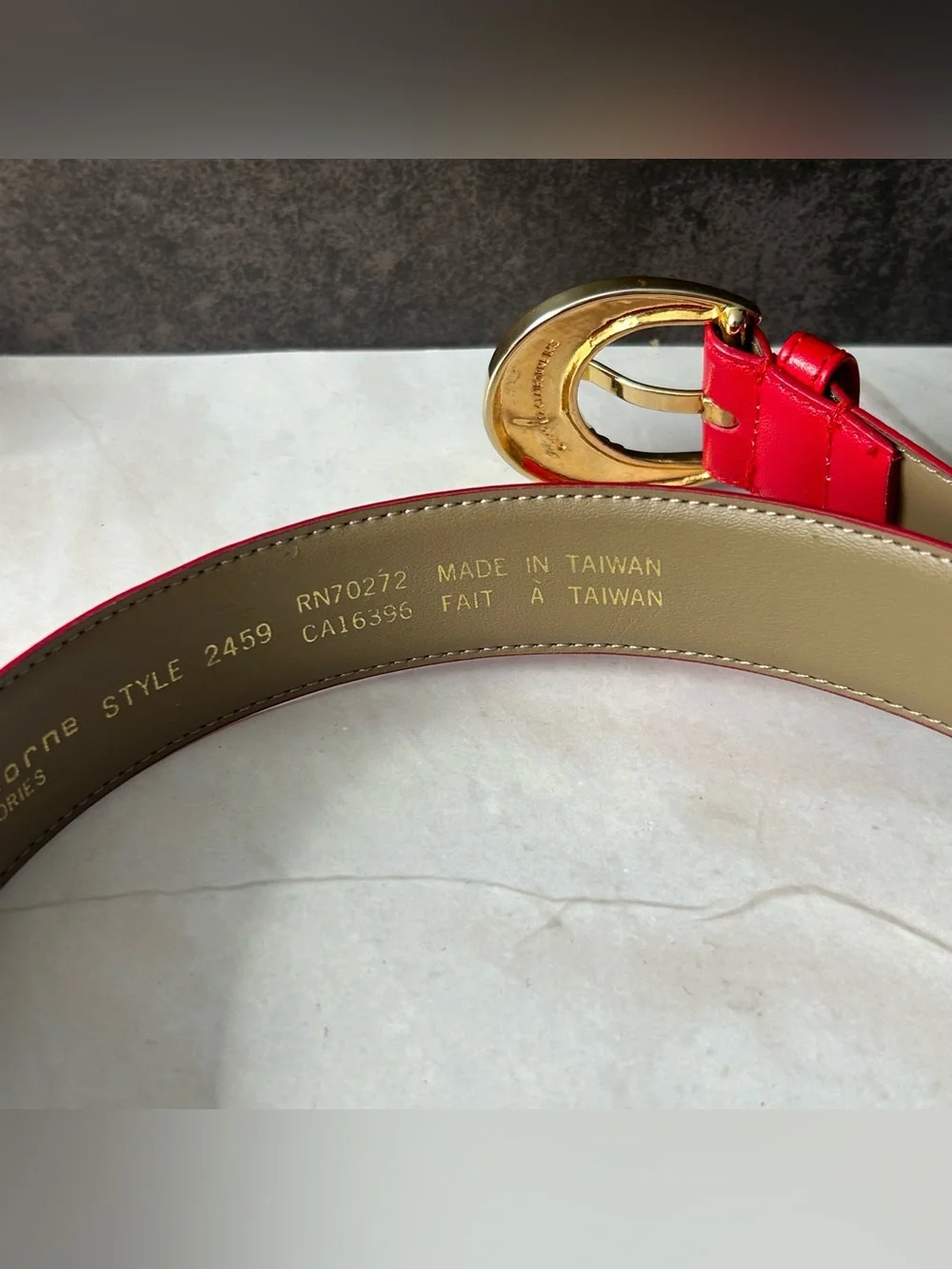 Liz Claiborne Red Leather Belt with Gold Circular Buckle